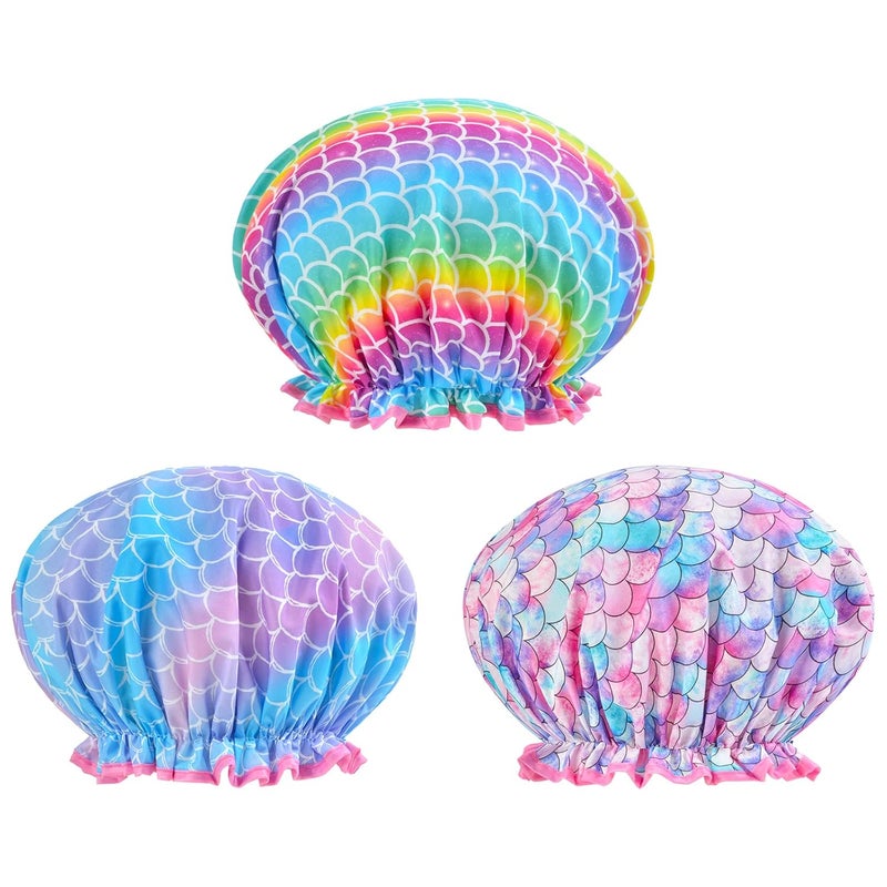 OlyPegic Kids Shower Cap, 3 Pcs Girls Shower Cap for Kids Reusable Waterproof Adjustable Large Hair Cap Unicorn Mermaid Rainbow Cute Hair Cover Hat - Image 2